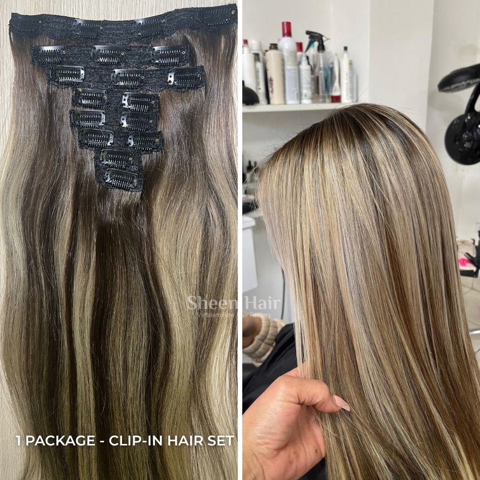 Extensiones de cabello con clip en mechas rubias