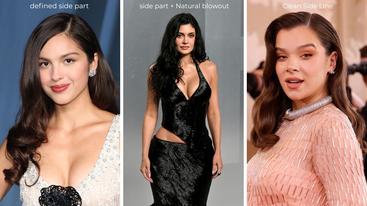 Long hair extensions styled with a modern side part for a timeless look.