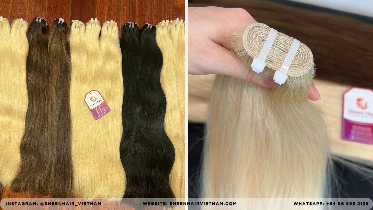 showing the reinforced double-stitch construction of a Sheen Hair premium machine weft MOQ wholesale price