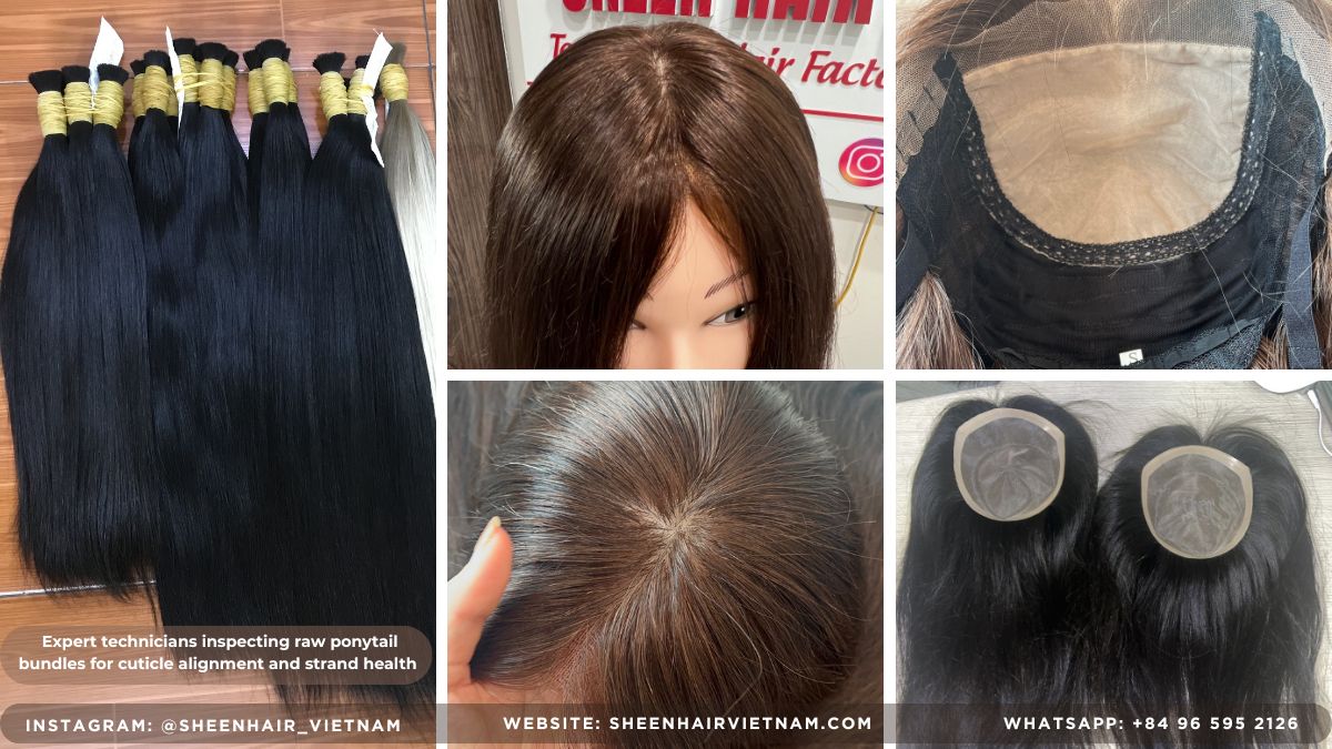 Customized products: 5 Proven Secrets to Scale Luxury Hair Salons Effortlessly 3 Expert technicians inspecting raw ponytail bundles for cuticle alignment and strand health at Sheen Hair Vietnam - Customized products
