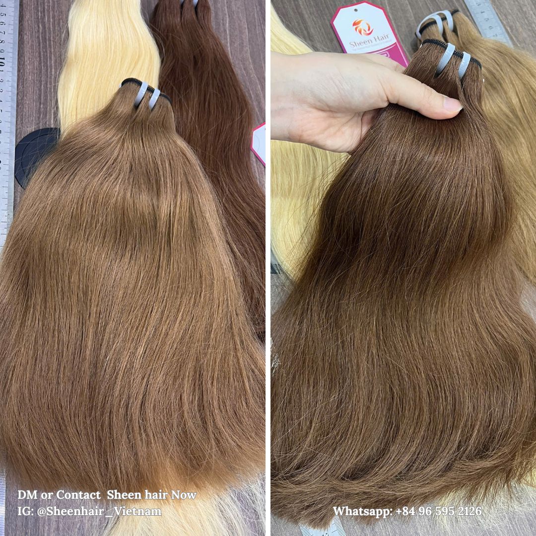 Wholesale Machine Weft Hair #6 Brown Extensions 12 Inch (30cm) | 100% Best Raw Human Hair Factory 8 Close-up inspection of Sheen Hair Vietnam's Machine Weft Hair #6 Brown Extension
